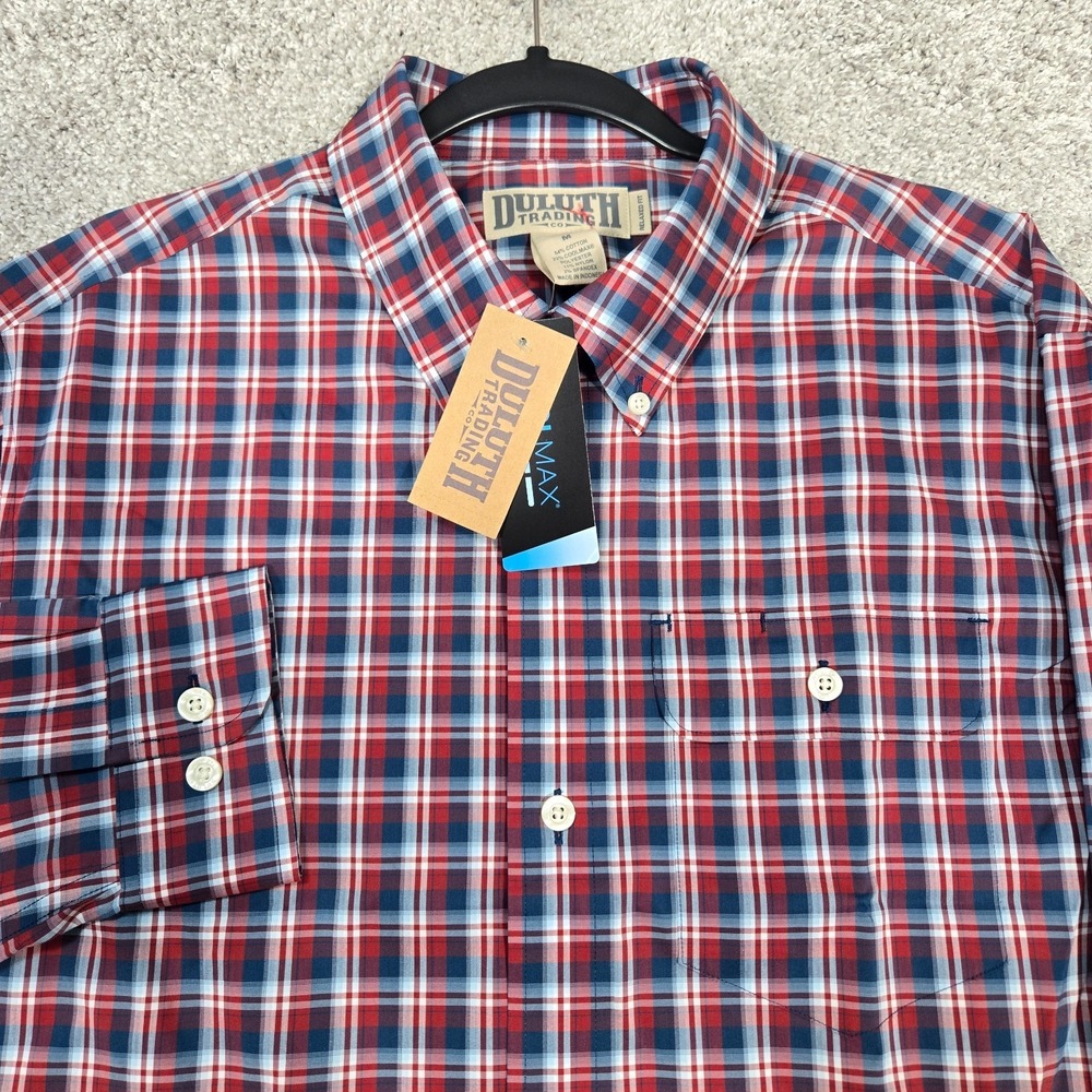Duluth Trading shirt Mens Medium COOLMAX Red White Blue plaid Relax fit NEW